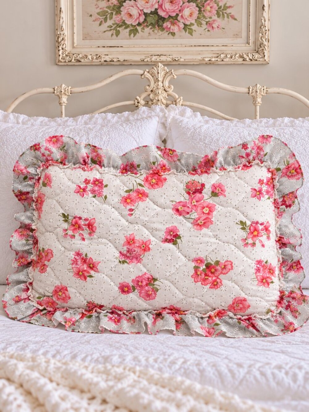 Vintage Floral Quilted Padded Pillow Sham Pink Flowers Ruffled Standard Size